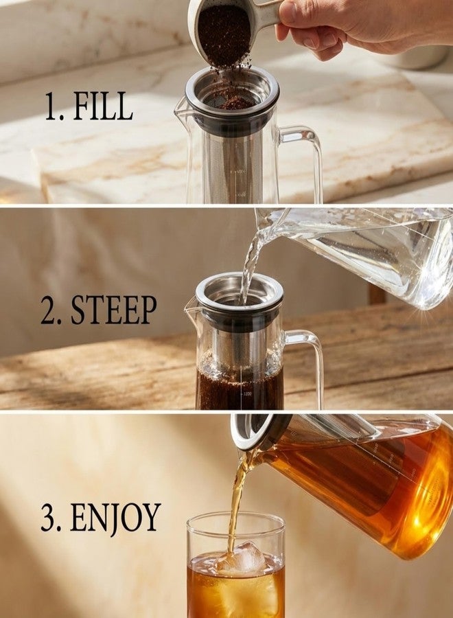 ماكينة تحضير القهوة الباردة والشاي المثلج من GWNF، سعة 1.4 لتر/48 أونصة، إبريق زجاجي من البوروسيليكات مع فلتر من الفولاذ المقاوم للصدأ، غطاء محكم الإغلاق، آمنة للغسل في غسالة الأطباق، سهلة الاستخدام | دليل المستخدم وفرشاة مرفقة - Image 5